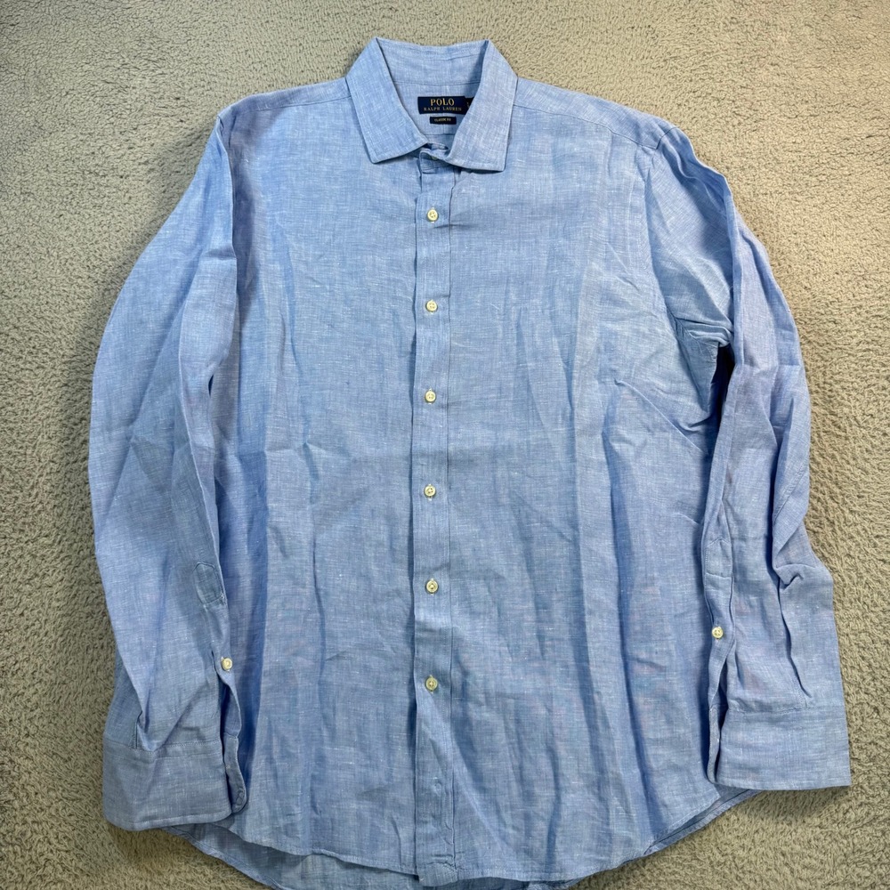 Polo Ralph Lauren Mens XL Classic Fit Light Blue 100% Linen Button Down Shirt